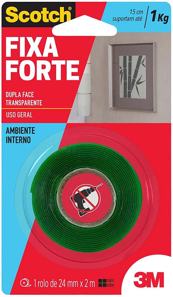 Fita Dupla Face 3m 24mmx2mt Fixa Forte Ambiente Interno Transparente